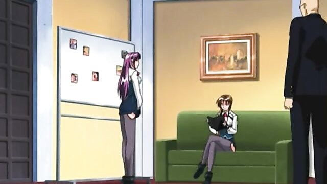 Bible Black hentai girls in school uniforms chatting with suited man