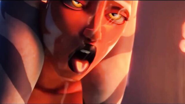 Ahsoka Togruta with montrals in Clone Wars style, open mouth closeup, explicit adult parody