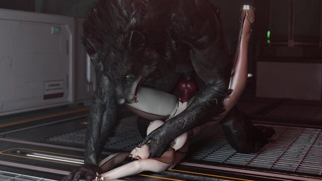 Eve ravaged by massive werewolf beast in sci-fi lair, 4K