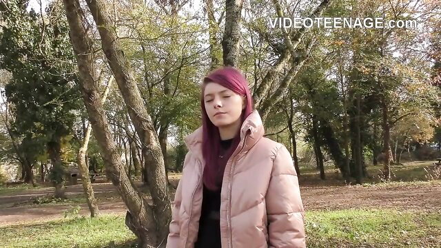 Petite 18yo pink-haired teen in puffy jacket, first porn casting tease