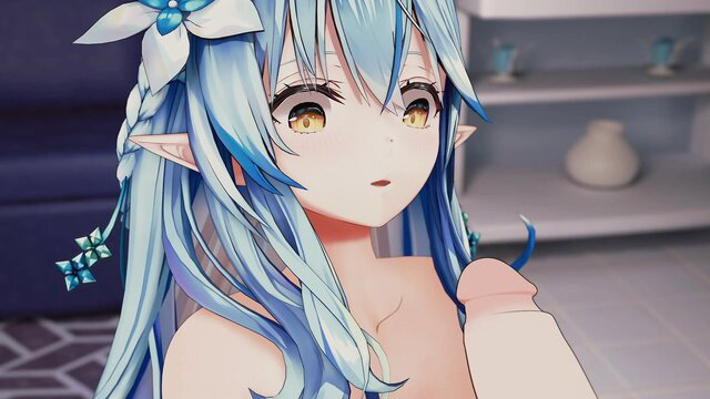 Blue-haired elf Lamy nude handjob closeup, yellow eyes, perky tits