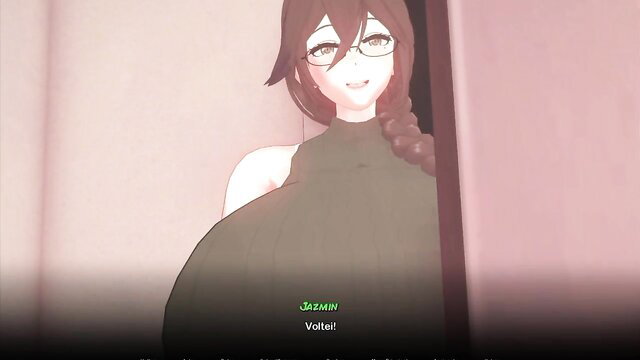 Sexy anime step-aunt Jazmin with huge tits in green dress, smiling seductively