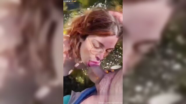 Myla Del Rey nude outdoor blowjob closeup, redhead sucking cock