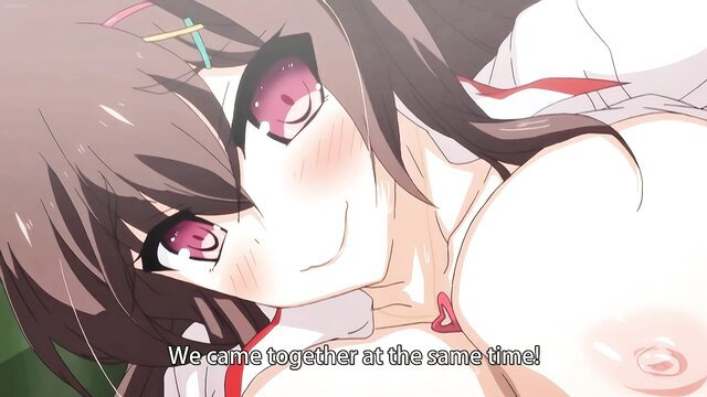 Anime girl with huge tits blushes saying 'We came together at the same time!'