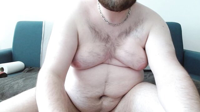 Hairy bearded bear daddy solo nude spread legs on bed