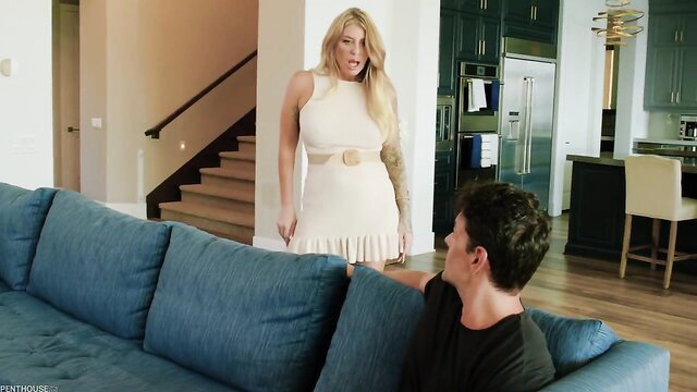 Lolly Dames blonde MILF in white dress seduces on couch