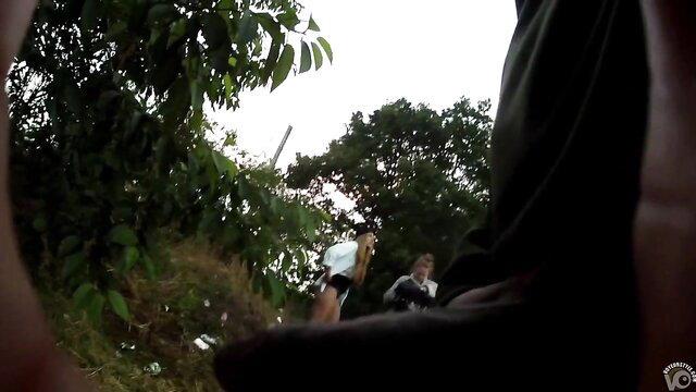 POV guy jerks fat cock spying on unsuspecting blonde teen in shorts outdoors