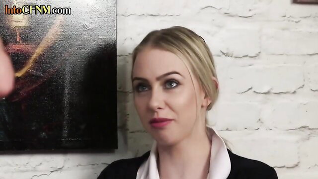 Blonde CFNM domina in blouse wanks off naked man in group session