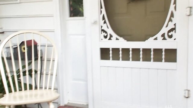 Pretty white girl by screen door in solo toy play tease