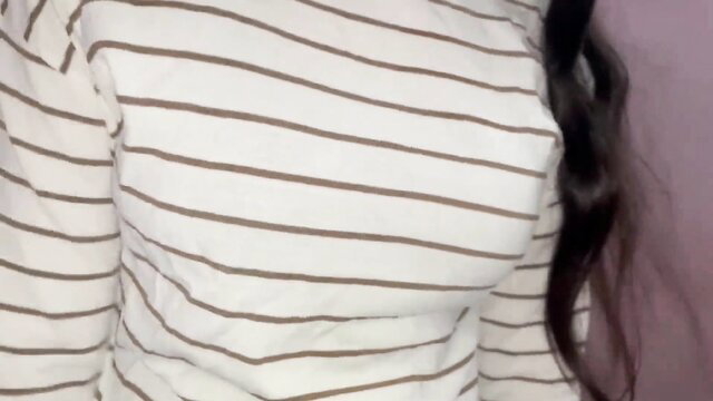 Priya in striped sweater, big tits spilling out, sexy cleavage tease