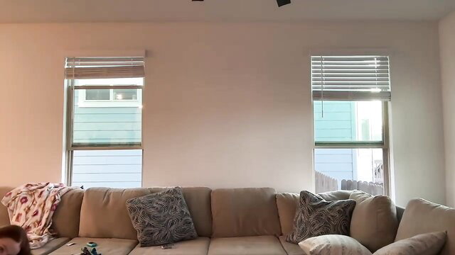 Dobletrouble_ on beige couch in lingerie, big boobs tease