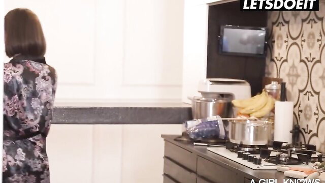 Tiffany Tatum in silk robe in kitchen, Eve Sweet sex thumbnail