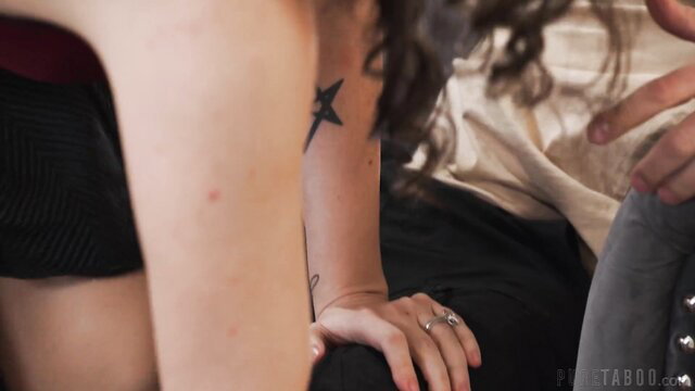 Victoria Voxxx topless with tattoos rides Nathan Bronson passionately