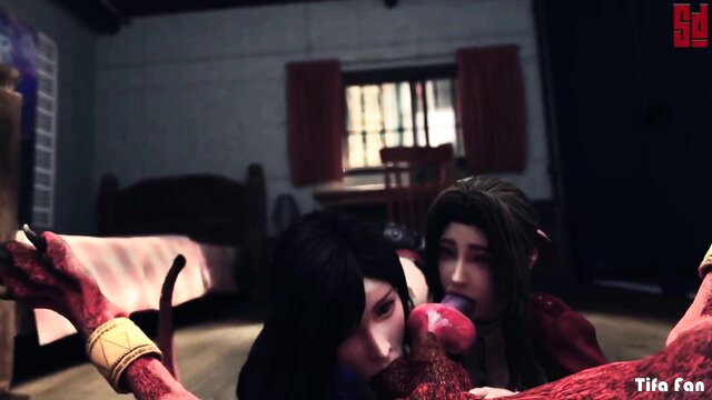 Tifa Lockhart lesbian sex with black hair Asian babe sucking cock