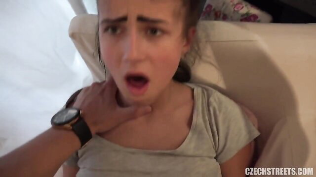 18yo Czech teen Denisa choked by hand on bed in amateur video