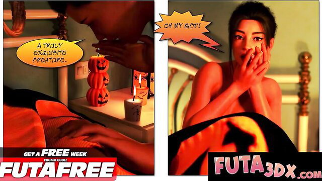 Shocked busty Asian futa in free Halloween succubus cosplay reveal