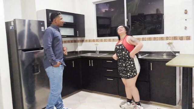 Busty Latina maid Antonella-Jones in apron flirts with chief at job interview