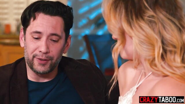 Hot blond teen in lingerie with depraved sugar daddy