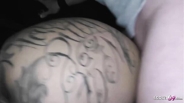 Mia Blow's tattooed big ass in German gangbang scene