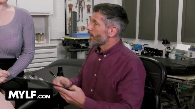 Hung doctor treats moaning MILF wife as cuckold hubby watches fertility exam