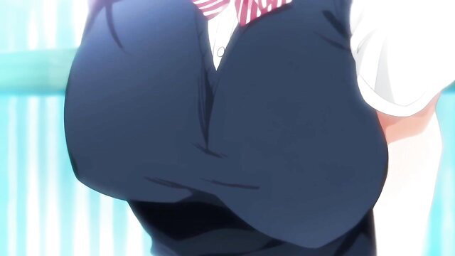 Busty anime schoolgirl in tight sailor uniform with huge cleavage