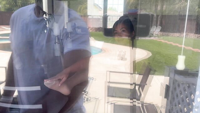 Asian MILF foot fetish tease with black man by pool