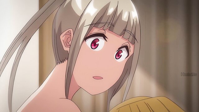 Cute anime girl with silver ponytail, red eyes, surprised expression in JAV hentai