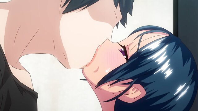 Anime hentai couple in deep tongue kiss, blue-haired girl with male