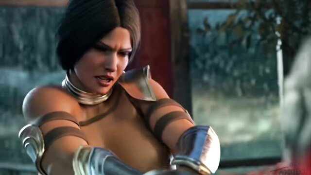 Batgirl in sexy armor growls intensely, cleavage bursting out