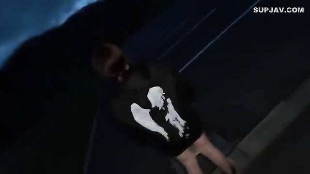 Asian amateur girl in angel hoodie bends over on dark road at night