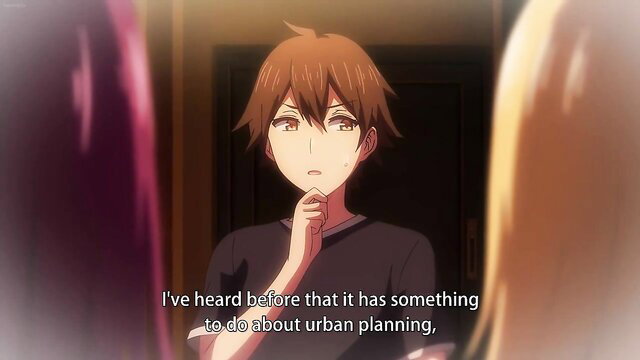 Anime boy with brown hair pondering urban planning, soft focus background