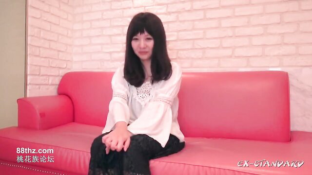 Shiori-chan's shaved pussy squirt stunner in blouse on couch