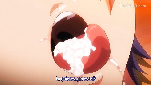 Anime hentai girl with open mouth full of thick cum overflowing, JAV style