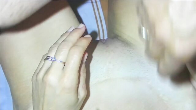 MILF hand on man's shoulder closeup, intimate foreplay tease