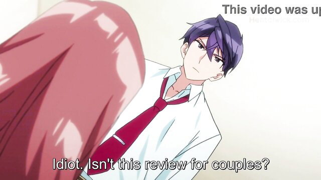 Anime JAV couple review scene, girl calls guy idiot over boss dong vid
