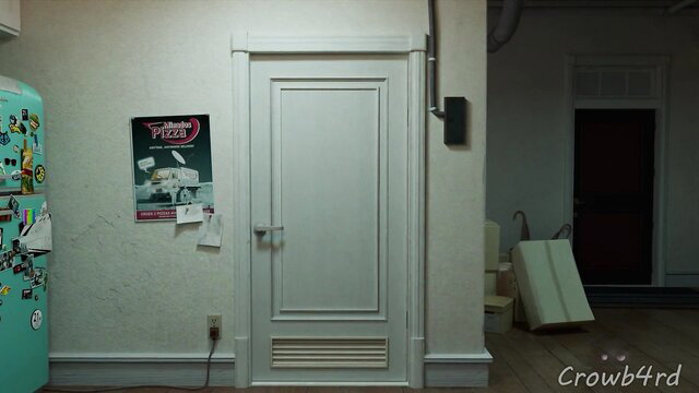 Starfire cosplay girl in kitchen by fridge with pizza poster