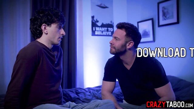 Two hot guys in bedroom chat, curly-haired dude and bearded stud