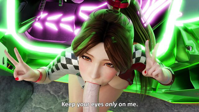 Racing queen Mai Shiranui in checkered outfit gives POV peace sign blowjob