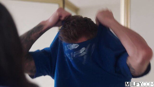 Penny Barber milf grabs masked man's cum-stained blue shirt