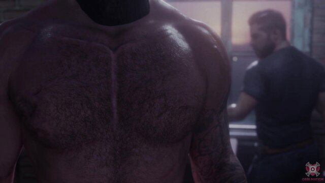 Muscular hairy white men shirtless in gym, sweaty chests and abs