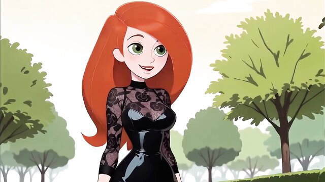 Redhead toon cutie in sexy black lace lingerie dress, smiling seductively