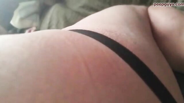 Pale BBW slut's red spanked ass in thong, bent over for daddy's cocks