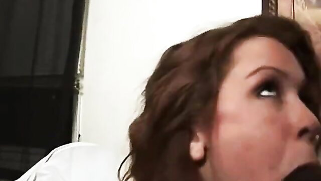 Thick busty white slut with brown hair sucking big black cock closeup