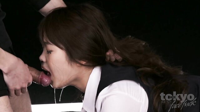 Asian schoolgirl in uniform facefucked, deepthroat oral, cum dripping