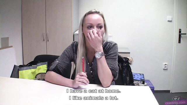 Veronika from CZcasting interview, cute blonde with cat plush, likes animals