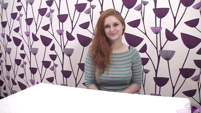 Redhead Karolina in striped top on CZasting casting couch