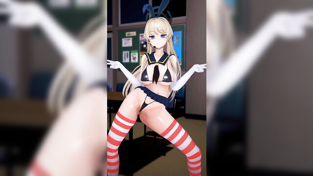 Blonde bunny girl cosplay in sailor bikini shakes hips seductively