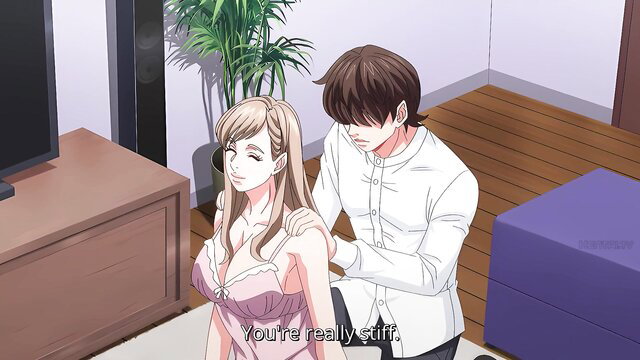 Busty blonde milf in lingerie gets shoulders massaged by man in JAV share house