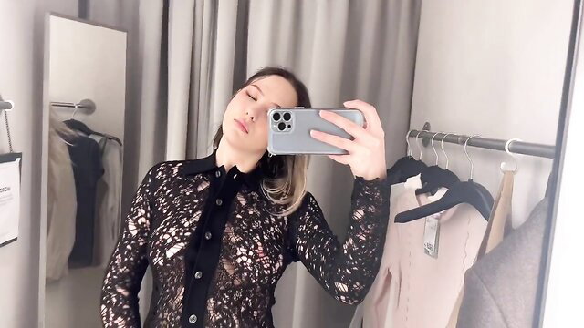 Sexy Asian girl in see-through lace blouse try-on haul selfie
