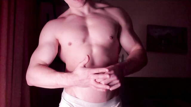 Muscular white twink groping abs in white briefs, gay rimjob tease